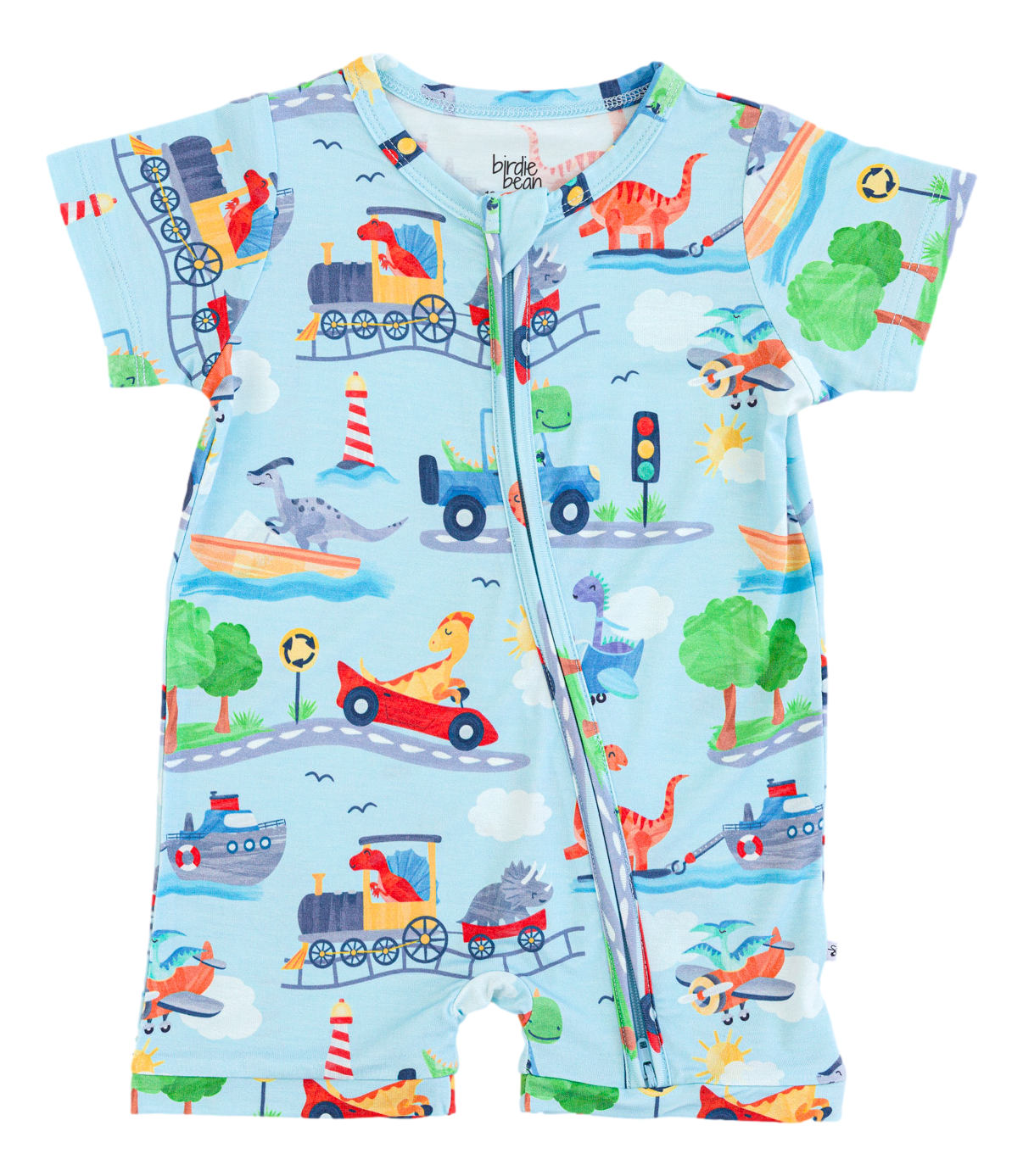 Children's onesie with colorful transportation-themed print on a light blue background